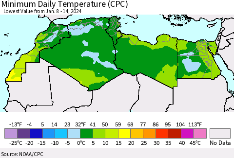 North Africa Minimum Daily Temperature (CPC) Thematic Map For 1/8/2024 - 1/14/2024