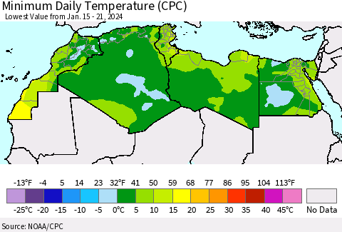 North Africa Minimum Daily Temperature (CPC) Thematic Map For 1/15/2024 - 1/21/2024