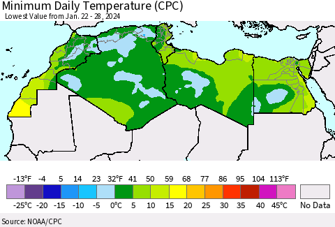 North Africa Minimum Daily Temperature (CPC) Thematic Map For 1/22/2024 - 1/28/2024
