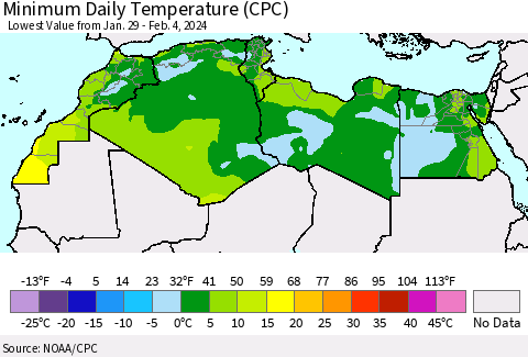 North Africa Minimum Daily Temperature (CPC) Thematic Map For 1/29/2024 - 2/4/2024