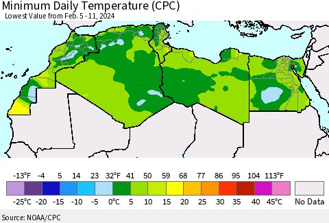 North Africa Minimum Daily Temperature (CPC) Thematic Map For 2/5/2024 - 2/11/2024