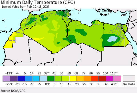 North Africa Minimum Daily Temperature (CPC) Thematic Map For 2/12/2024 - 2/18/2024