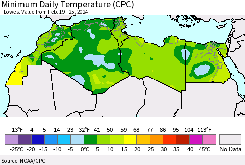 North Africa Minimum Daily Temperature (CPC) Thematic Map For 2/19/2024 - 2/25/2024