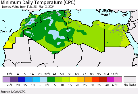 North Africa Minimum Daily Temperature (CPC) Thematic Map For 2/26/2024 - 3/3/2024