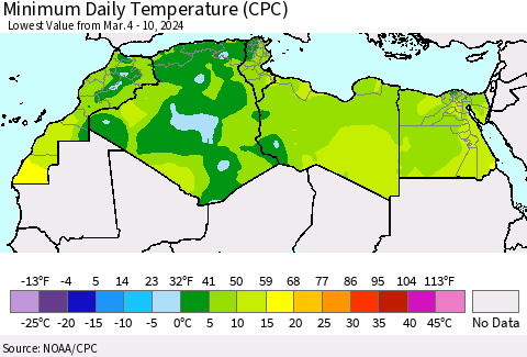 North Africa Minimum Daily Temperature (CPC) Thematic Map For 3/4/2024 - 3/10/2024