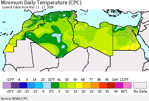 North Africa Minimum Daily Temperature (CPC) Thematic Map For 3/11/2024 - 3/17/2024