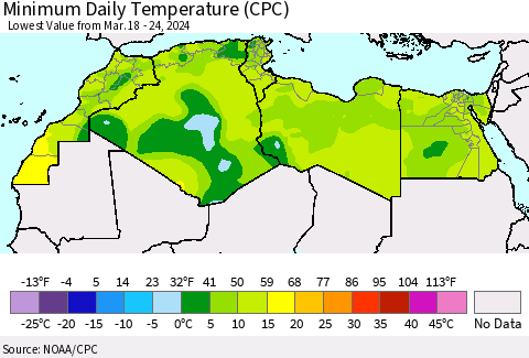 North Africa Minimum Daily Temperature (CPC) Thematic Map For 3/18/2024 - 3/24/2024