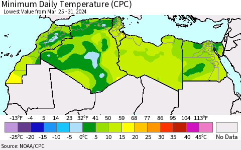 North Africa Minimum Daily Temperature (CPC) Thematic Map For 3/25/2024 - 3/31/2024
