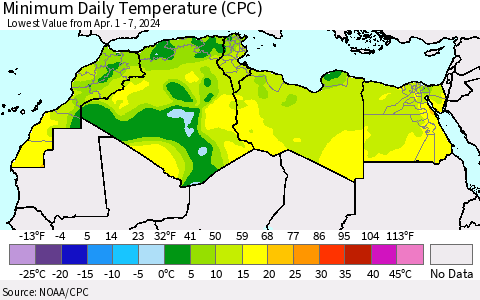 North Africa Minimum Daily Temperature (CPC) Thematic Map For 4/1/2024 - 4/7/2024