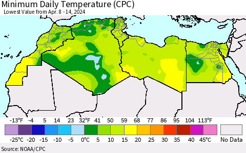 North Africa Minimum Daily Temperature (CPC) Thematic Map For 4/8/2024 - 4/14/2024
