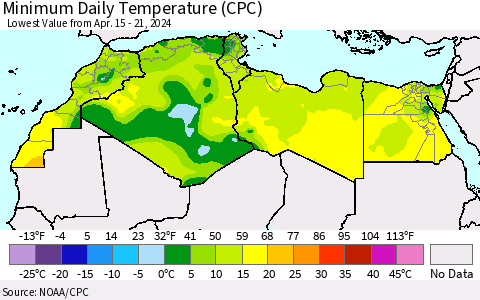 North Africa Minimum Daily Temperature (CPC) Thematic Map For 4/15/2024 - 4/21/2024