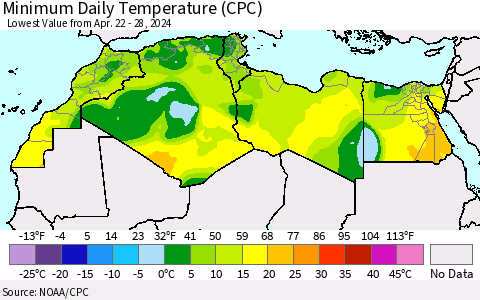 North Africa Minimum Daily Temperature (CPC) Thematic Map For 4/22/2024 - 4/28/2024
