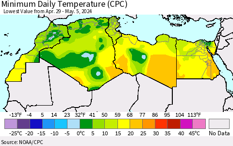 North Africa Minimum Daily Temperature (CPC) Thematic Map For 4/29/2024 - 5/5/2024