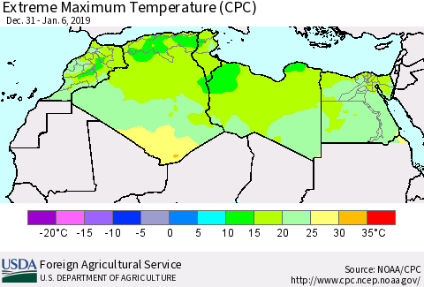 North Africa Maximum Daily Temperature (CPC) Thematic Map For 12/31/2018 - 1/6/2019