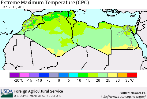 North Africa Maximum Daily Temperature (CPC) Thematic Map For 1/7/2019 - 1/13/2019