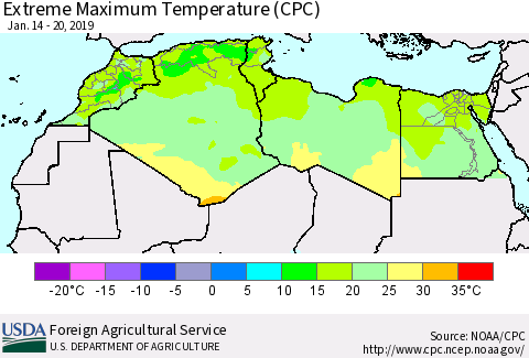 North Africa Maximum Daily Temperature (CPC) Thematic Map For 1/14/2019 - 1/20/2019