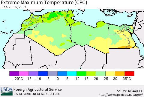 North Africa Maximum Daily Temperature (CPC) Thematic Map For 1/21/2019 - 1/27/2019