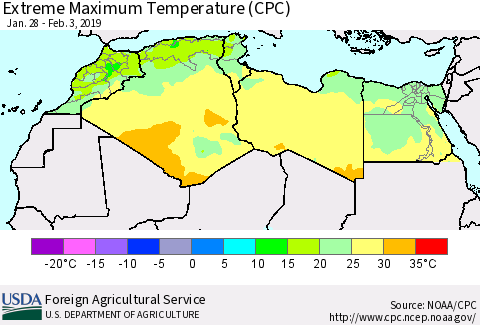 North Africa Maximum Daily Temperature (CPC) Thematic Map For 1/28/2019 - 2/3/2019