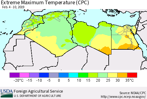 North Africa Maximum Daily Temperature (CPC) Thematic Map For 2/4/2019 - 2/10/2019
