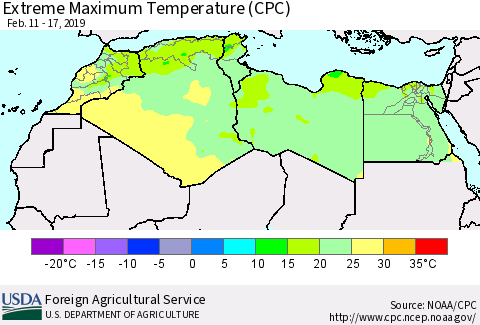 North Africa Maximum Daily Temperature (CPC) Thematic Map For 2/11/2019 - 2/17/2019