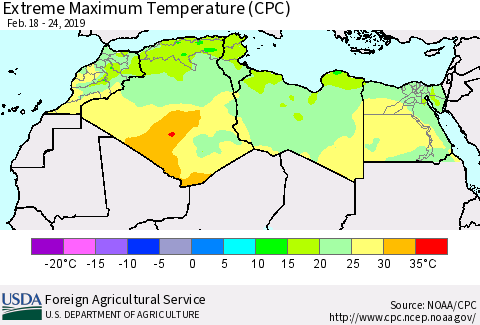 North Africa Maximum Daily Temperature (CPC) Thematic Map For 2/18/2019 - 2/24/2019