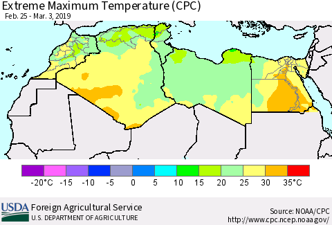 North Africa Maximum Daily Temperature (CPC) Thematic Map For 2/25/2019 - 3/3/2019