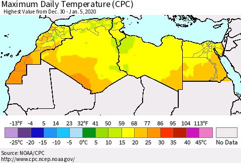 North Africa Maximum Daily Temperature (CPC) Thematic Map For 12/30/2019 - 1/5/2020