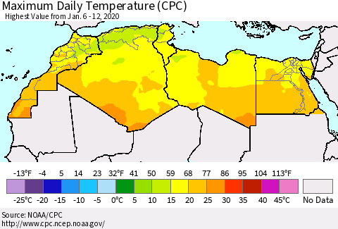 North Africa Maximum Daily Temperature (CPC) Thematic Map For 1/6/2020 - 1/12/2020