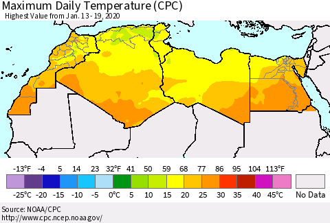 North Africa Maximum Daily Temperature (CPC) Thematic Map For 1/13/2020 - 1/19/2020
