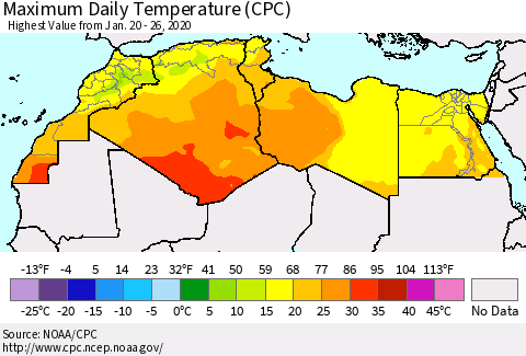 North Africa Maximum Daily Temperature (CPC) Thematic Map For 1/20/2020 - 1/26/2020