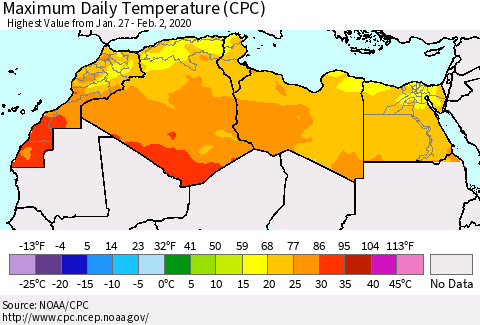 North Africa Maximum Daily Temperature (CPC) Thematic Map For 1/27/2020 - 2/2/2020