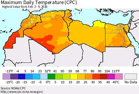 North Africa Maximum Daily Temperature (CPC) Thematic Map For 2/3/2020 - 2/9/2020