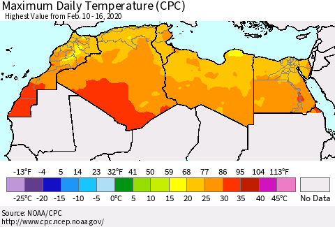 North Africa Maximum Daily Temperature (CPC) Thematic Map For 2/10/2020 - 2/16/2020