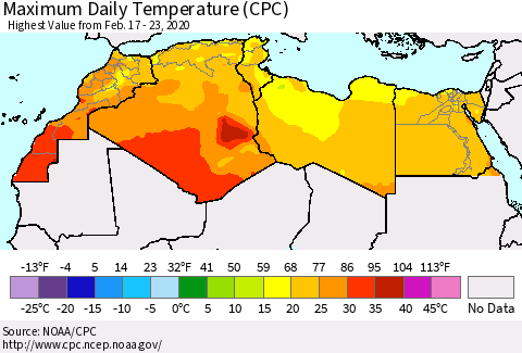 North Africa Maximum Daily Temperature (CPC) Thematic Map For 2/17/2020 - 2/23/2020