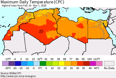 North Africa Maximum Daily Temperature (CPC) Thematic Map For 2/24/2020 - 3/1/2020