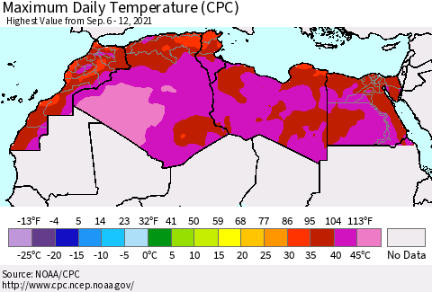 North Africa Maximum Daily Temperature (CPC) Thematic Map For 9/6/2021 - 9/12/2021