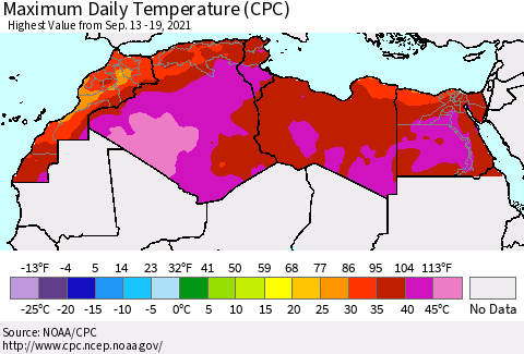 North Africa Maximum Daily Temperature (CPC) Thematic Map For 9/13/2021 - 9/19/2021