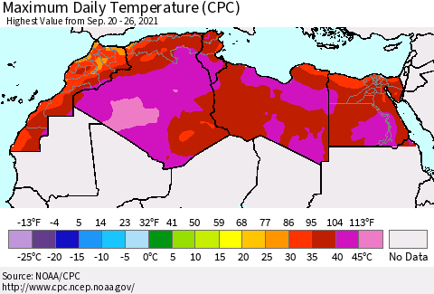 North Africa Maximum Daily Temperature (CPC) Thematic Map For 9/20/2021 - 9/26/2021