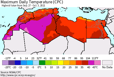 North Africa Maximum Daily Temperature (CPC) Thematic Map For 9/27/2021 - 10/3/2021