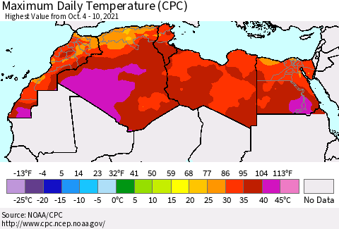 North Africa Maximum Daily Temperature (CPC) Thematic Map For 10/4/2021 - 10/10/2021