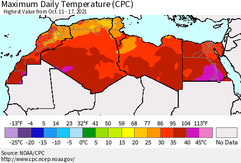 North Africa Maximum Daily Temperature (CPC) Thematic Map For 10/11/2021 - 10/17/2021