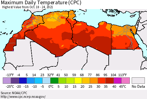 North Africa Maximum Daily Temperature (CPC) Thematic Map For 10/18/2021 - 10/24/2021