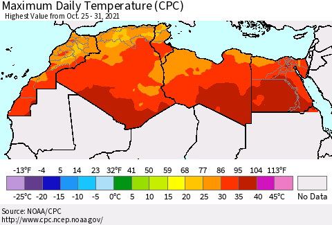 North Africa Maximum Daily Temperature (CPC) Thematic Map For 10/25/2021 - 10/31/2021