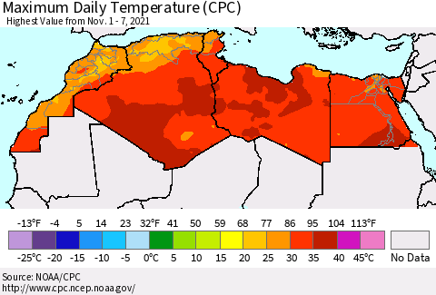 North Africa Maximum Daily Temperature (CPC) Thematic Map For 11/1/2021 - 11/7/2021