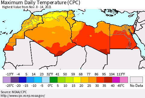 North Africa Maximum Daily Temperature (CPC) Thematic Map For 11/8/2021 - 11/14/2021