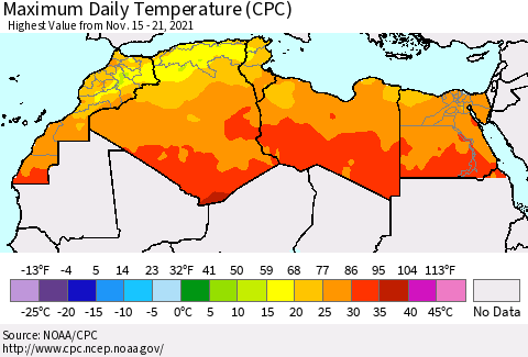 North Africa Maximum Daily Temperature (CPC) Thematic Map For 11/15/2021 - 11/21/2021