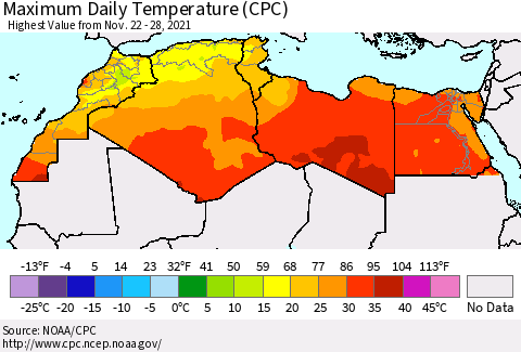 North Africa Maximum Daily Temperature (CPC) Thematic Map For 11/22/2021 - 11/28/2021