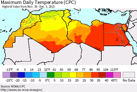 North Africa Maximum Daily Temperature (CPC) Thematic Map For 11/29/2021 - 12/5/2021