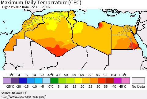 North Africa Maximum Daily Temperature (CPC) Thematic Map For 12/6/2021 - 12/12/2021