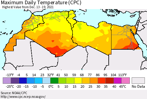 North Africa Maximum Daily Temperature (CPC) Thematic Map For 12/13/2021 - 12/19/2021